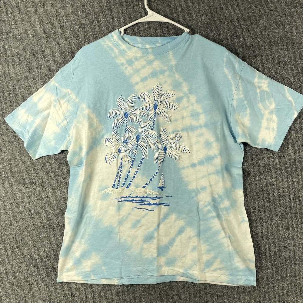 VTG Hanes Shirt Mens XL Blue Tie Dye Palm Tree Tropical Graphic Single Stitch